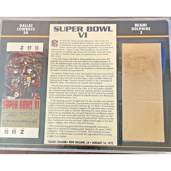 Willabee & Ward Other - SUPER BOWL VI Cowboys v Dolphins Willabee & Ward Super Bowl 6 TICKET STUB Gold